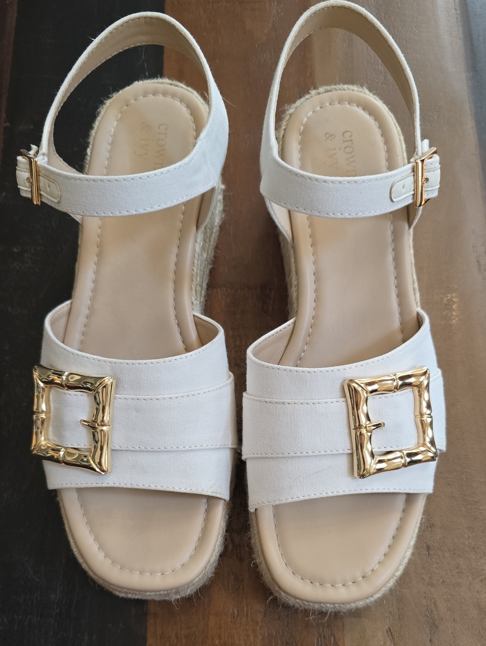 crown & ivy White Espadrille Wedge Sandals with Gold Buckles